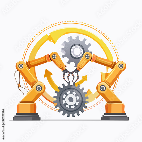 Dynamic illustration of robotic arms collaborating on gear assembly within an automated industrial process, symbolizing technological advancement and efficient manufacturing