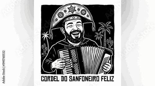 Brazilian Sanfoneiro Playing Accordion in Cordel Woodcut Style Illustration - Traditional Northeast Brazil Culture and Music Scene