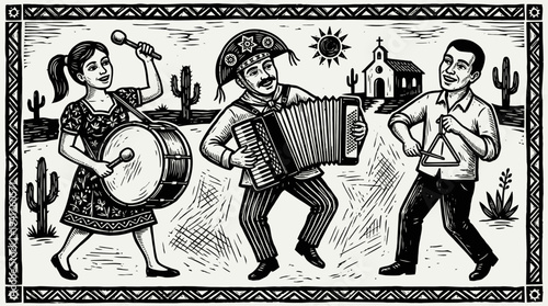 Brazilian Cordel Style Woodcut Illustration of a Traditional Forro Band Playing Accordion Zabumba and Triangle in the Northeastern Sertao Landscape