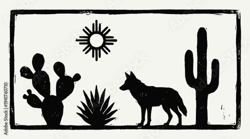 Southwestern Desert Landscape Linocut Style Illustration with Coyote Silhouette, Saguaro and Prickly Pear Cactus under the Sun, Minimalist Black and White Block Print Art