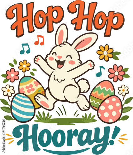 Joyful cartoon Easter bunny leaping with excitement, arms and legs spread, big happy smile, blush cheeks, surrounded by colorful patterned Easter eggs, flowers, hearts, stars and music notes.