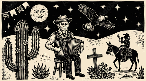 Brazilian Folk Art Woodcut Illustration of a Man Playing Accordion in a Desert Landscape with Moon and Stars - Cordel Style Engraving