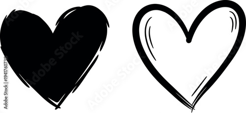Hand drawn black and white heart shapes on white background