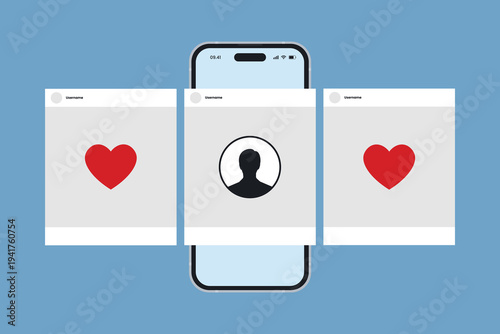 Social media post interface, social media audience engagement, Digital marketing on smartphone. Vector Illustration