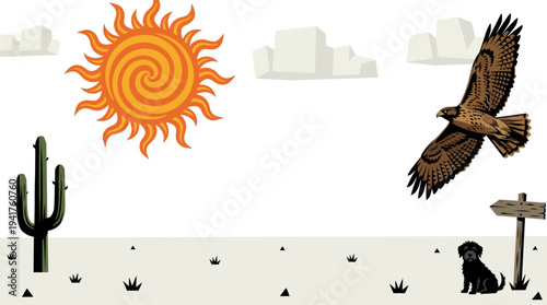 Minimalist Desert Landscape Illustration with Stylized Sun, Soaring Hawk, Saguaro Cactus and Small Dog by a Wooden Signpost