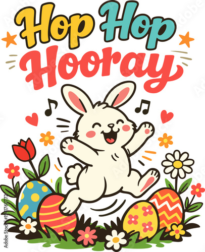Joyful cartoon Easter bunny leaping with excitement, arms and legs spread, big happy smile, blush cheeks, surrounded by colorful patterned Easter eggs, flowers, hearts, stars and music notes.