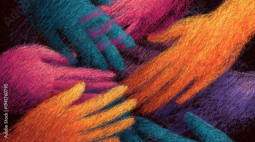 Abstract crayon humanitarian support colorful hand, charity aid helping hand, community care empathy, teamwork unity connection