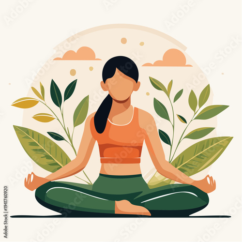 Peaceful woman in lotus pose meditating amidst lush green plants and soft clouds