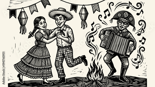 Traditional Brazilian Festa Junina Celebration Cordel Woodcut Style Illustration with Couple Dancing, Accordion Player, Bonfire, and Festive Decoration