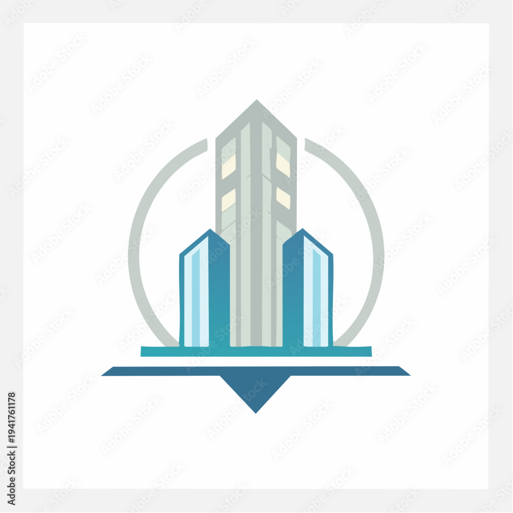 Naklejka premium Modern architectural design of skyscraper buildings within a circular emblem