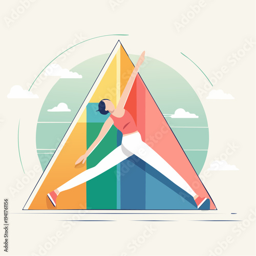 Illustration of a woman practicing yoga with vibrant colors and geometric shapes
