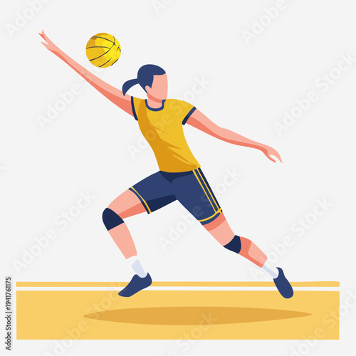 Dynamic female volleyball player performing an active serve or set on the court, showcasing athleticism and sport spirit