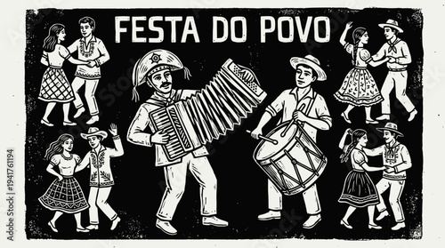 Brazilian Folk Art Xilogravura Style Illustration of Festa do Povo with Accordion Player and Couples Dancing Forró
