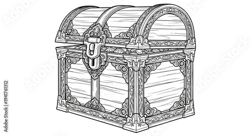Antique wooden treasure chest with ornate metal details and lock.