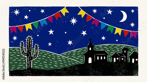 Traditional Brazilian Festa Junina Night Scene in Cordel Woodcut Style with Cactus, Church, and Colorful Bunting