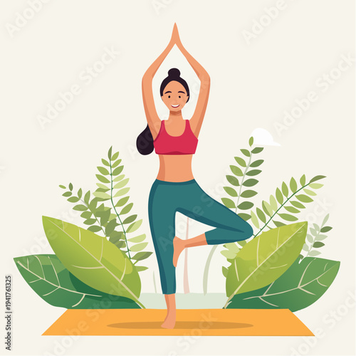 Woman in Tree Pose yoga illustration, healthy lifestyle and balance