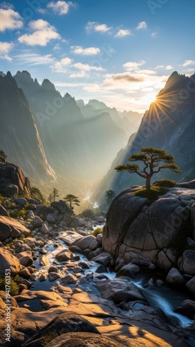 Majestic Mountain Valley with Sun Rays and Flowing River.