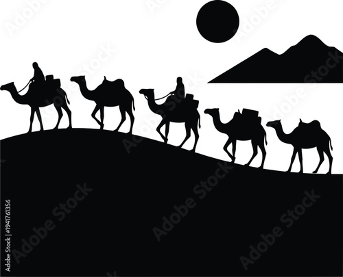 Minimalist black vector silhouette of a nomad camel caravan walking across hot Sahara desert sand dunes, representing traditional Middle Eastern travel and Arabian safari adventures.