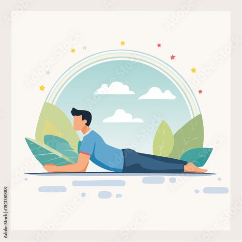 Man performing yoga cobra pose in a serene natural landscape with clouds and stars