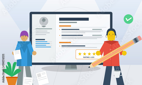 A flat vector illustration showing two stylized figures reviewing a