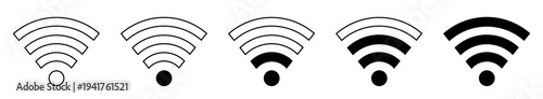 WiFi signal strength icon set showing no network, low, medium and full connection levels. Wireless internet status indicators for mobile apps, device interface and network UI
