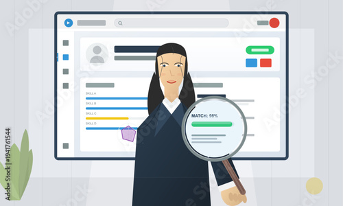 A professional woman stands in front of a digital recruitment