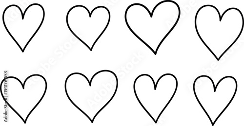 Eight black and white heart outlines