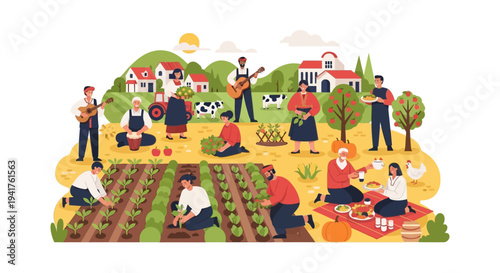 Diverse Group of People Celebrating Harvest Festival, Community Farming, and Rural Life. Organic Agriculture Flat Vector Illustration.