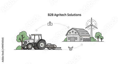 Smart Farming B2B Agritech Solutions Illustration: Digital Agriculture, IoT Connectivity, and Precision Tractor Automation