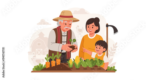 Generational Family Farming: Grandfather Teaches Mother and Child to Plant Vegetables in Organic Garden. Sustainable Agriculture Illustration.