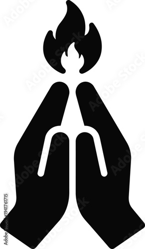 Minimalist black vector silhouette icon of folded praying hands under a burning holy fire flame, representing Christian faith, religious devotion, and spiritual church worship.