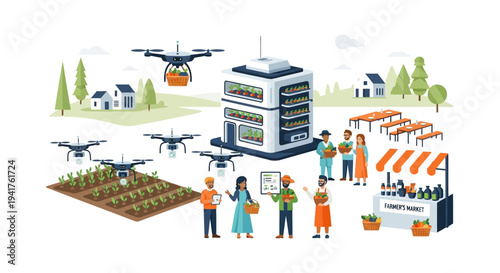Future Smart Agriculture Concept: Vertical Farming, Drone Technology, Automated Crop Monitoring, and Local Farmer's Market Illustration.