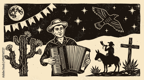 Brazilian Cordel Literature Style Illustration of a Sertanejo Man Playing Accordion in the Desert Night with Cactus, Full Moon, and Folk Symbols