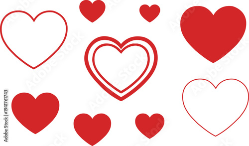 Collection of red and white hearts on white background