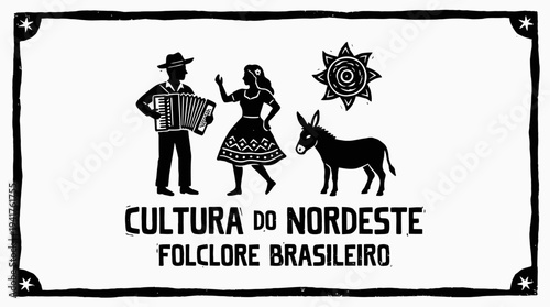 Brazilian Northeast Culture and Folklore Illustration in Woodcut Style Featuring Accordion Player, Dancer and Donkey