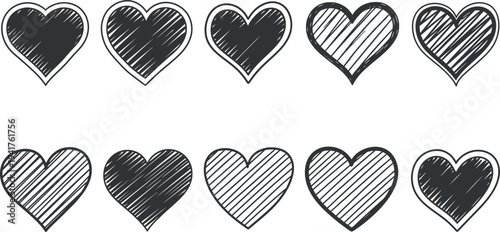 A collection of 10 hand drawn hearts with various shading techniques
