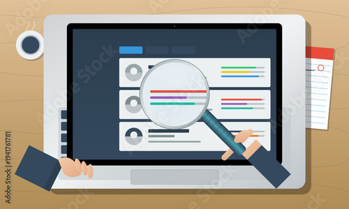 A flat vector illustration showing a hand holding a magnifying glass