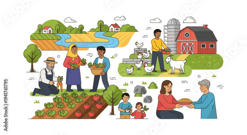 Happy Farmers Harvesting and Working on a Diverse Family Farm. Sustainable Agriculture, Livestock, and Community Food Production Line Art Illustration.
