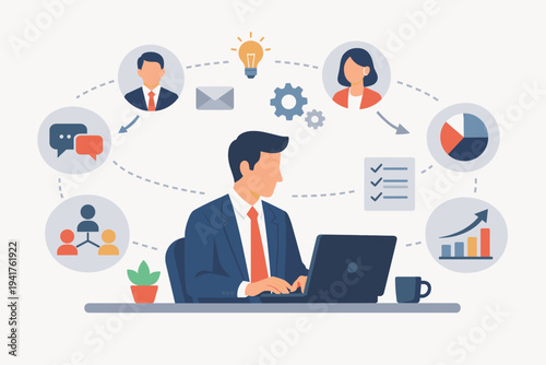 Business man working on laptop at office desk managing team communications and project tasks. Flat vector illustration of project management, data analysis, leadership, and digital workflow.