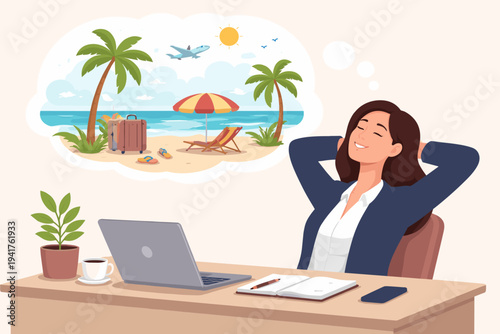 Businesswoman at Office Desk Dreaming of Tropical Beach Vacation with Palm Trees and Ocean, Flat Vector Illustration of Relaxed Employee Planning Summer Holiday Getaway and Travel Escapism.