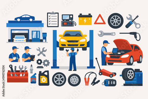 Comprehensive Flat Vector Illustration Set for Auto Repair Service Shop and Garage Maintenance, Featuring Mechanics, Car Diagnostics, Tools, Tires, Battery, and Workshop Equipment Icons.