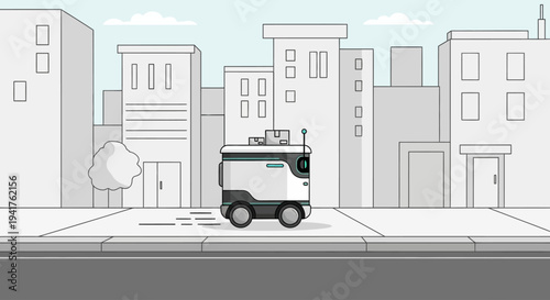 Autonomous delivery robot navigating a city street sidewalk.