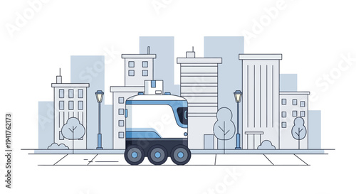 Autonomous delivery robot navigating a city street with buildings in the background.