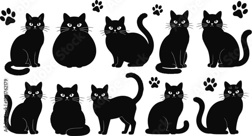 Stylized black cat silhouettes with playful paw prints, unique feline postures, decorative vector illustration for Halloween, pets, animal art, whimsical design, creative stock graphic