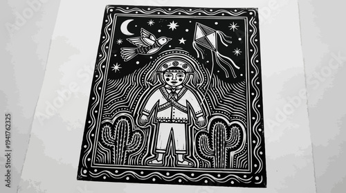 Brazilian Folk Art Woodcut Print of a Cangaceiro in the Sertao Landscape with Cactus, Moon, and Kite - Traditional Xilogravura Style Illustration