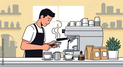 Barista making coffee with espresso machine in cafe.