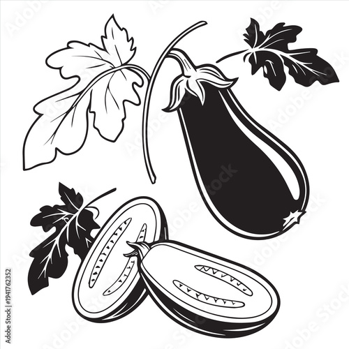 Set of fresh cartoon vegetable and fruit icons featuring ripe apple, pear, carrot, and eggplant illustrations for healthy vegetarian food design