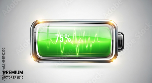 Battery icon with green charge level indicator on transparent background