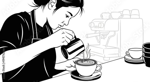 Barista making latte art in a coffee cup.