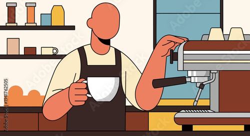 Barista preparing coffee with an espresso machine in a cafe.